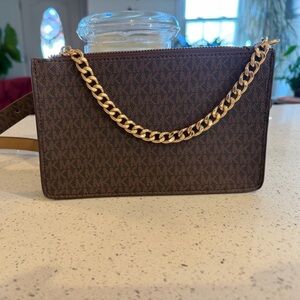 Michael Kors Jet Set belt bag brown logo monogram canvas and agold-tone chain